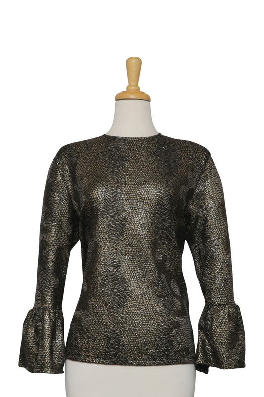 Black and Matte Gold Foil Snakeskin Textured  Bell Sleeve Top