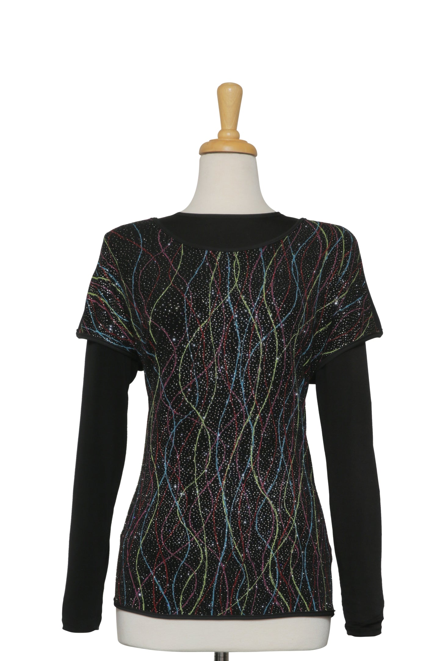 Black and Multi Color Kaleidoscope Metallic Short Sleeve ,Solid Black Back, With Black Long Sleeve Microfiber Top