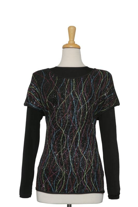 Black and Multi Color Kaleidoscope Metallic Short Sleeve ,Solid Black Back, With Black Long Sleeve Microfiber Top