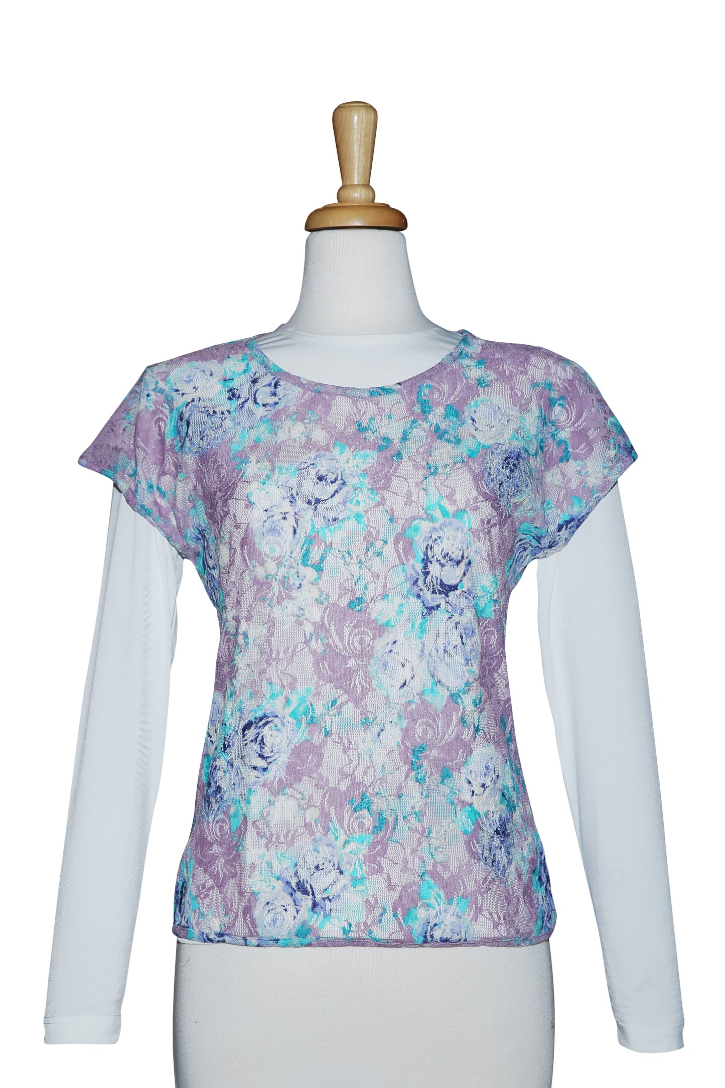 Plus Size Mauve And Light Blue Lace Short Sleeve With Ivory Long Sleeve Top