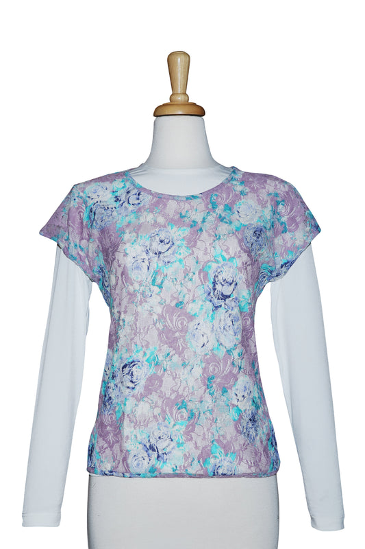 Plus Size Mauve And Light Blue Lace Short Sleeve With Ivory Long Sleeve Top