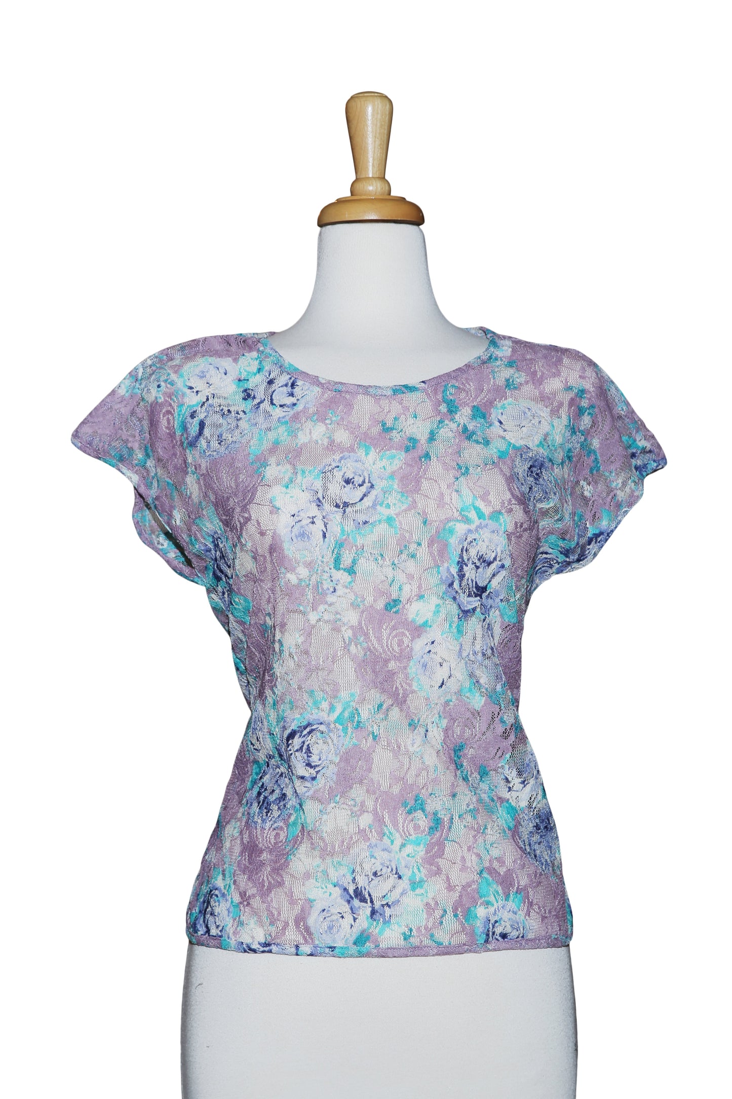 Plus Size Mauve And Light Blue Lace Short Sleeve Top