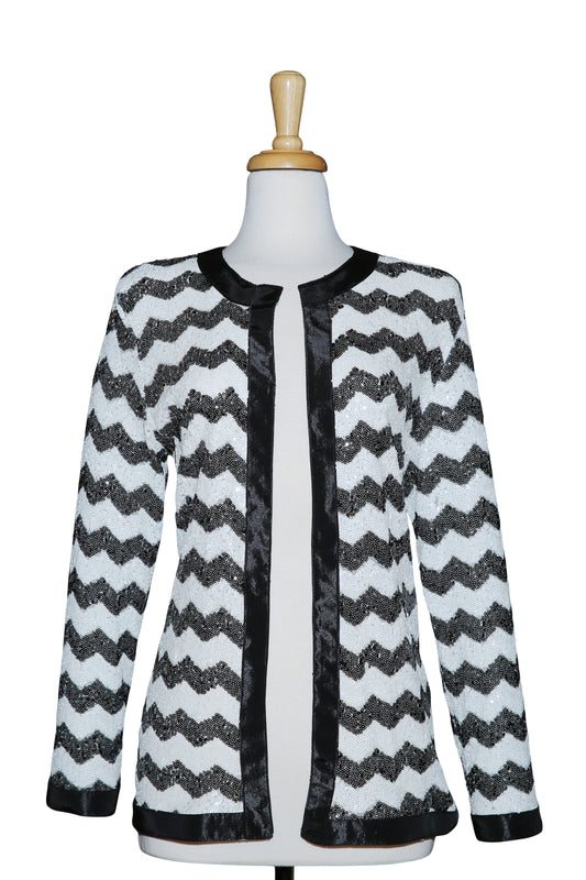Plus Size Black And White Zig Zag Sequins  Jacket
