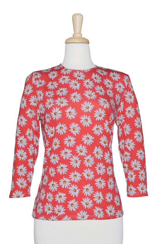 Coral and White Daisies 3/4 Sleeve Cotton Top