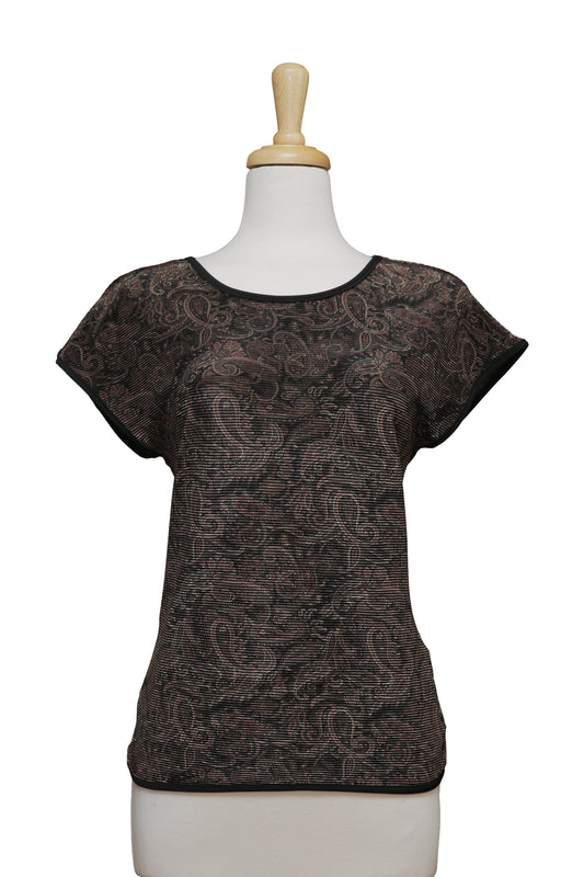 Brown And Black Paisley Crinkle Short Sleeve Top