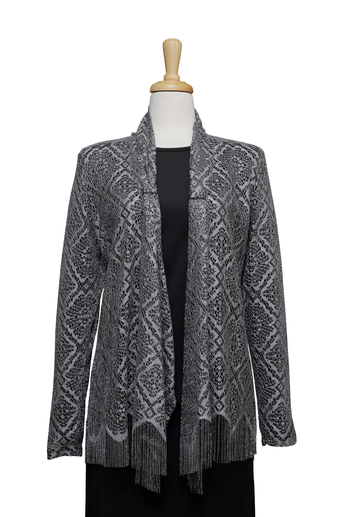 Two Piece Metallic Silver Lace Knit Jacket With Black Long Sleeve Top