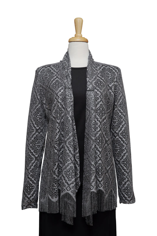 Two Piece Metallic Silver Lace Knit Jacket With Black Long Sleeve Top