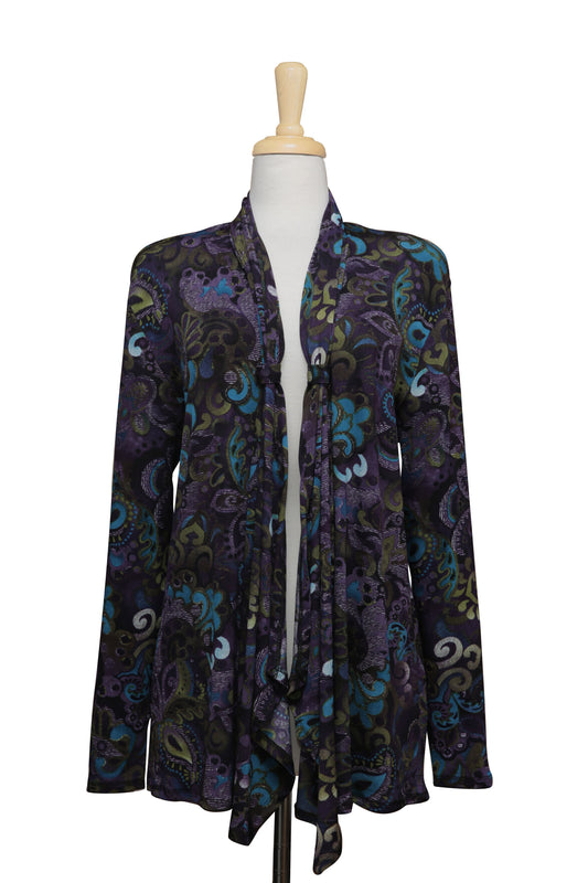 Plus Size Shades of Purple And Blue Paisley Slinky Shawl Collar Jacket