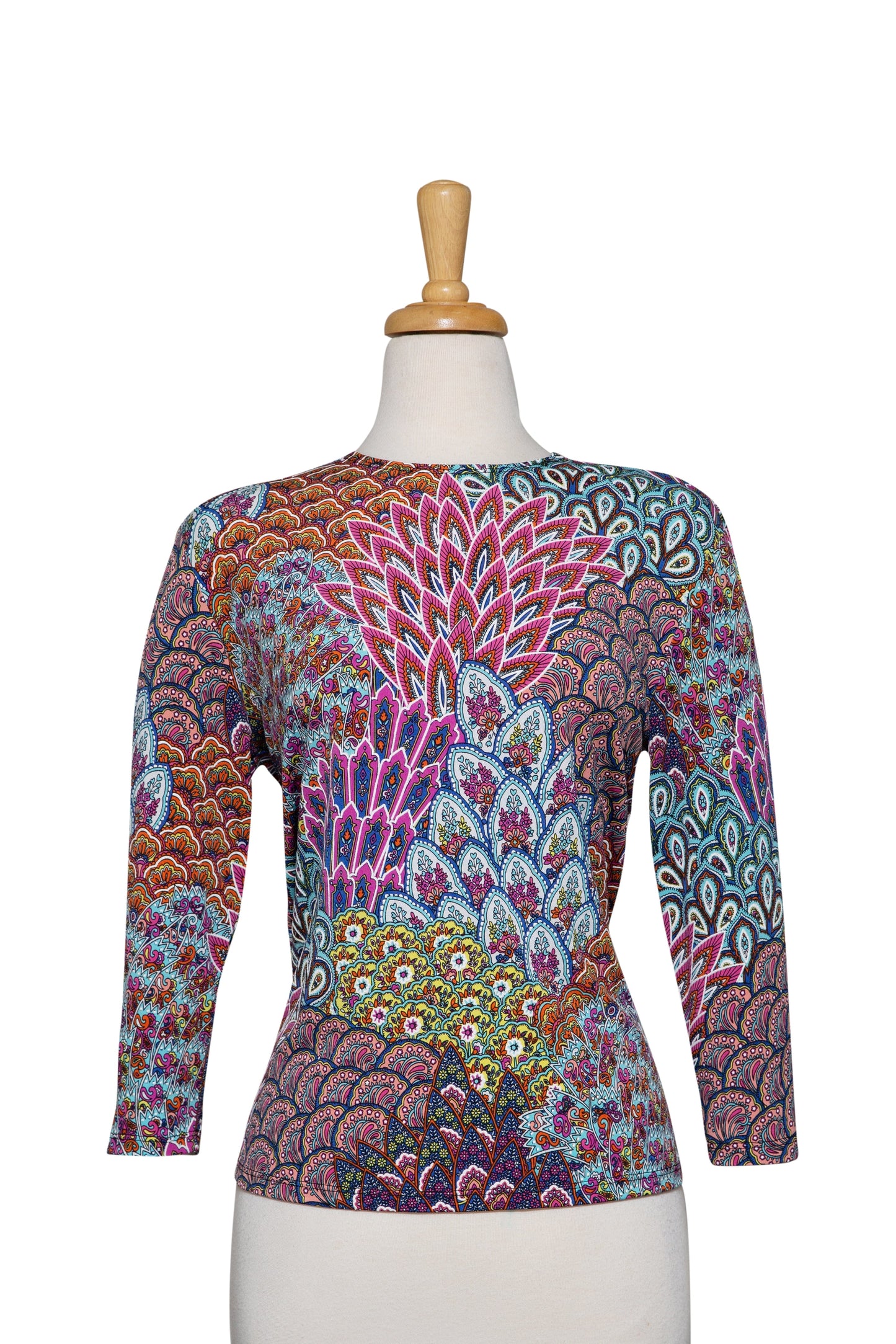 Multi Color Peacock Textured Print Microfiber 3/4 Sleeve Top