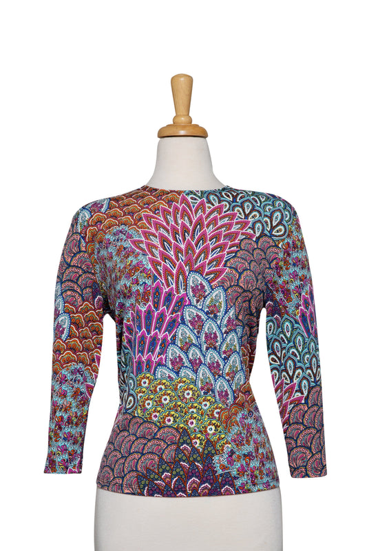 Multi Color Peacock Textured Print Microfiber 3/4 Sleeve Top