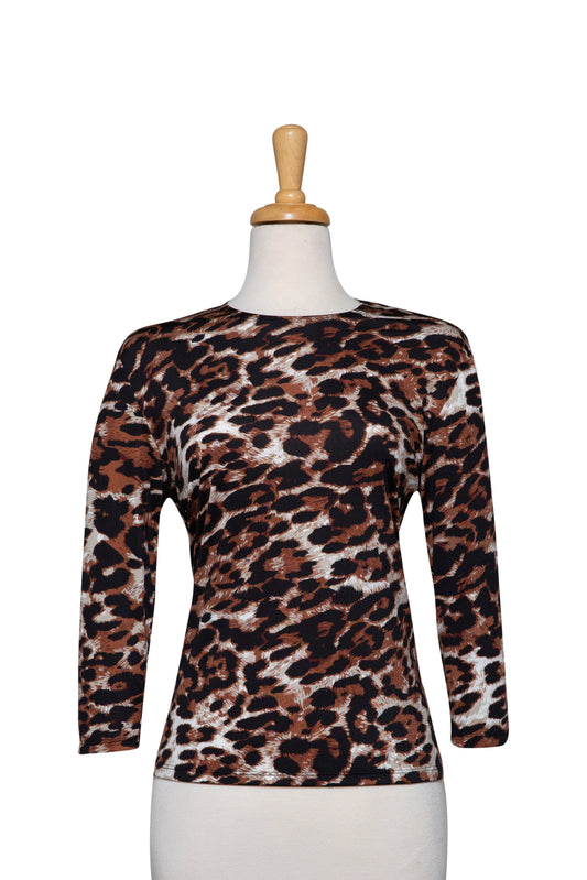 Tan, Black and White Leopard Print Microfiber 3/4 Sleeve Top