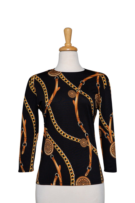 Plus Size Black and Gold Chain Microfiber 3/4 Sleeve Top