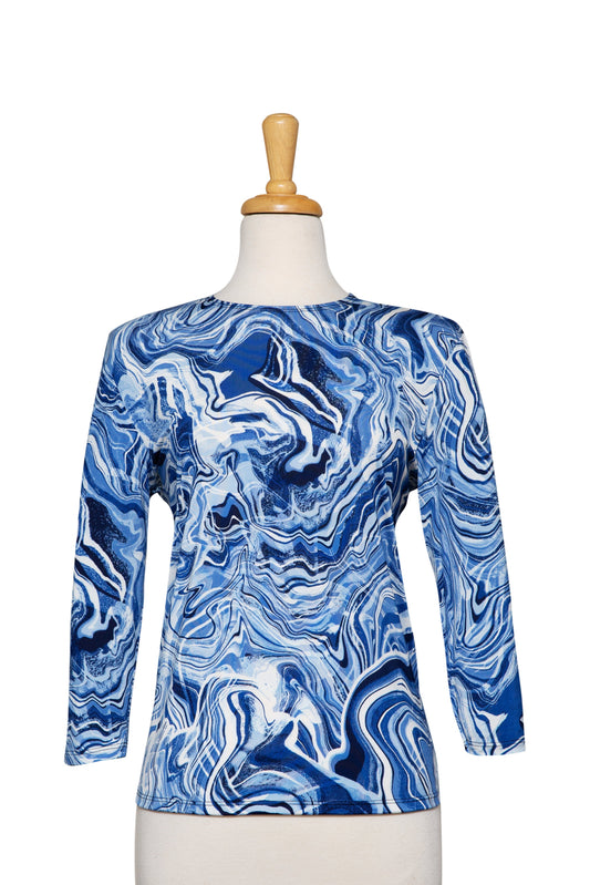 Shades of Blue and White Swirl Microfiber 3/4 Sleeve Top