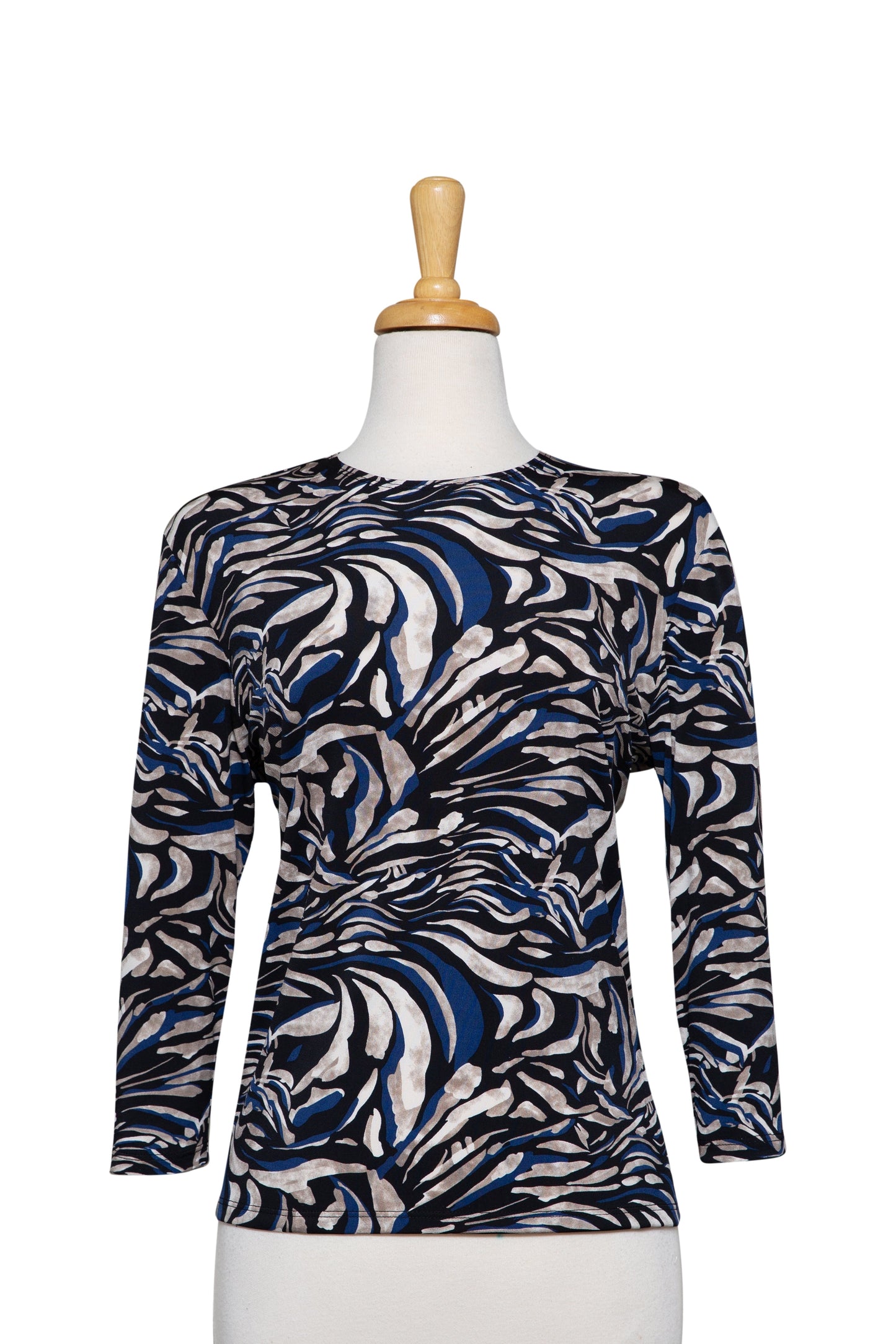 Plus Size Black, Taupe and Cobalt Blue Wave Pattern Microfiber 3/4 Sleeve Top