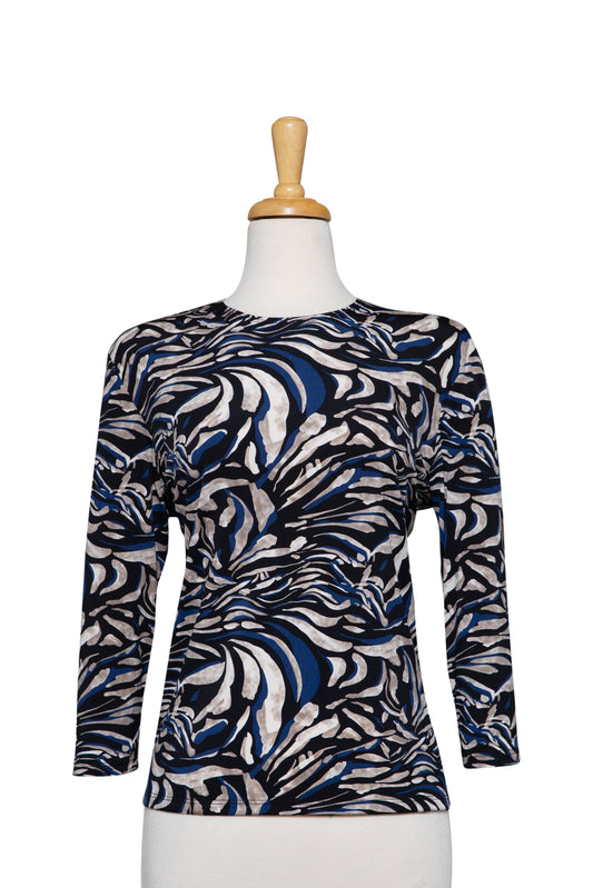 Plus Size Black, Taupe and Cobalt Blue Wave Pattern Microfiber 3/4 Sleeve Top