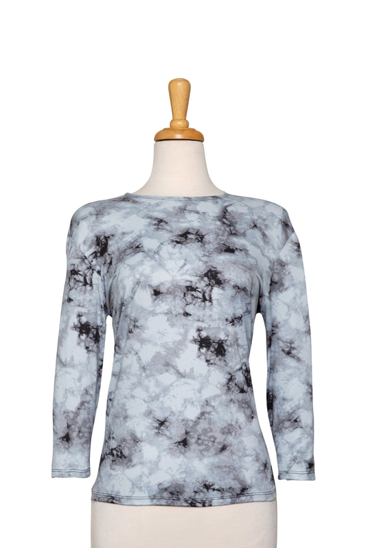 Light Blue/Grey Tie Dye 3/4 Sleeve Cotton Top