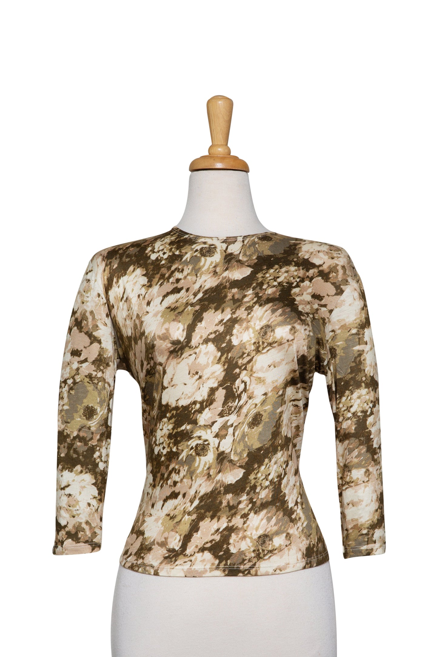 Plus Size Shades of Olive and Ivory Abstract Floral 3/4 Sleeve Cotton Top