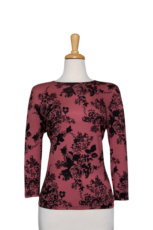 Plus Size Mauve and Black Floral 3/4 Sleeve Cotton Top