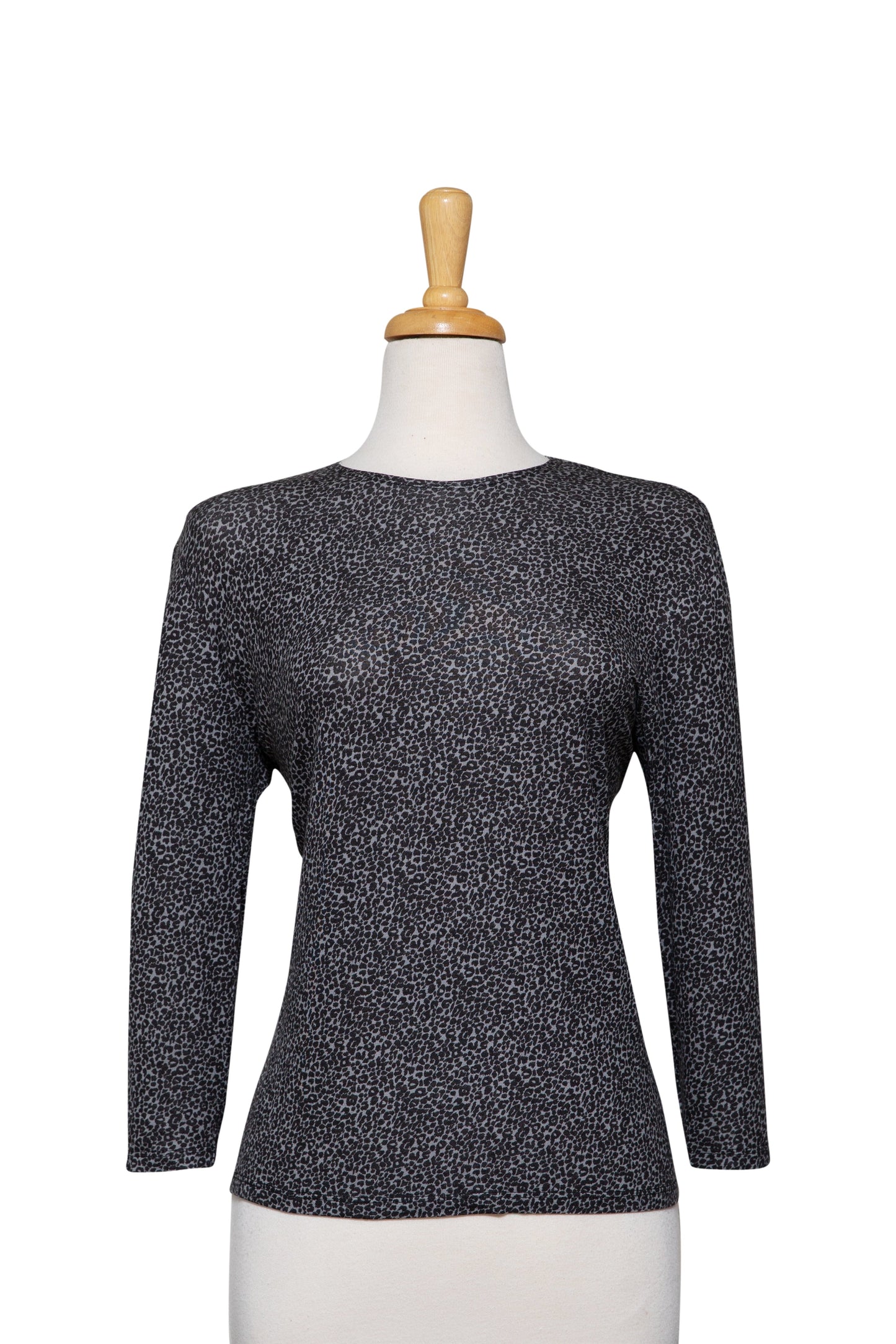 Plus Size Grey and Black Mini Leopard Print 3/4 Sleeve Cotton Top