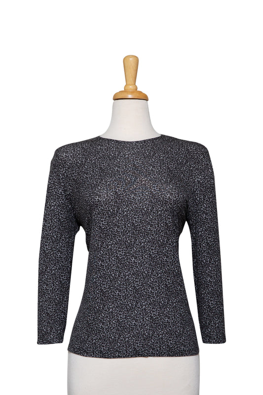 Plus Size Grey and Black Mini Leopard Print 3/4 Sleeve Cotton Top