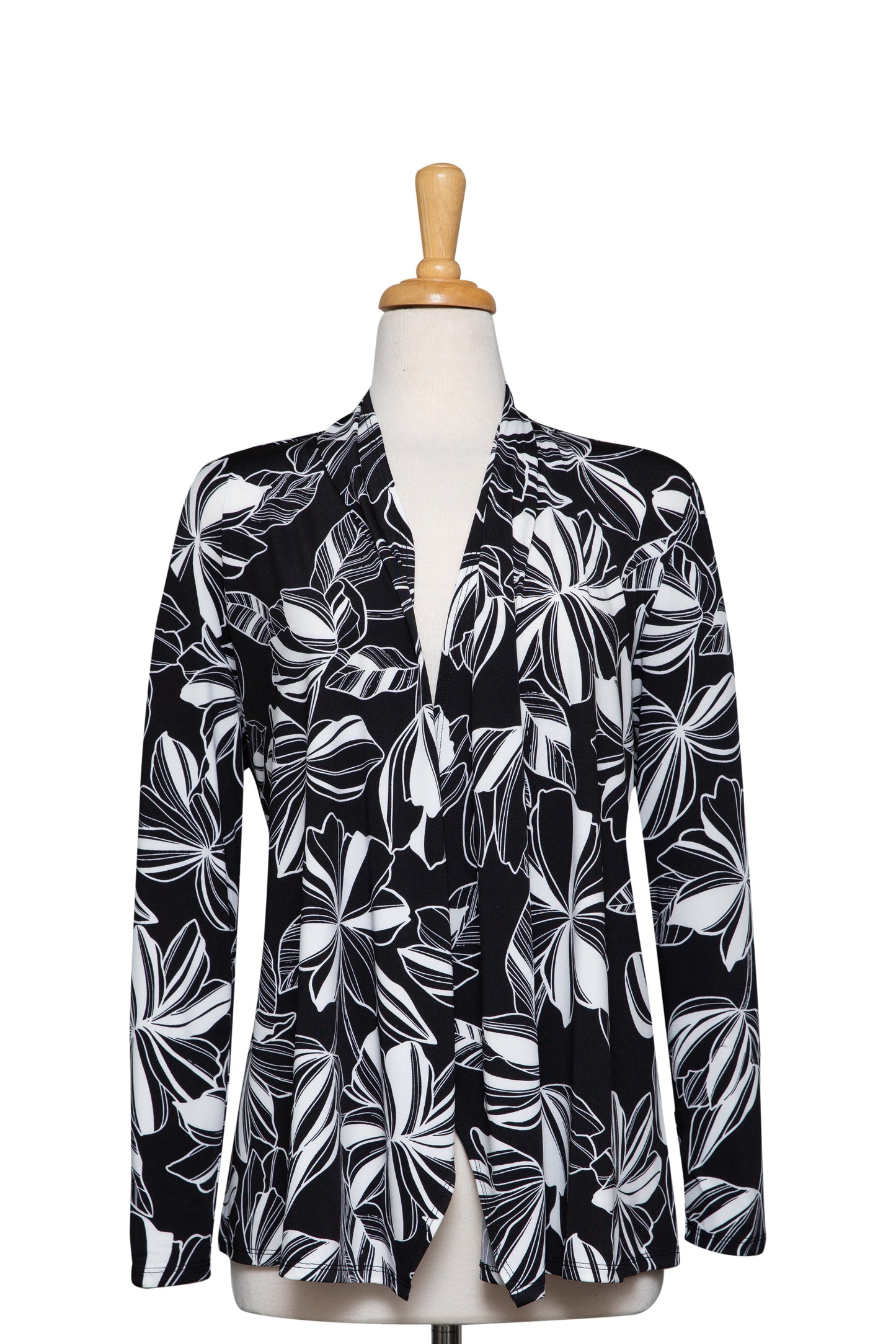 Plus Size Black and White Floral Microfiber Shawl Collar Jacket