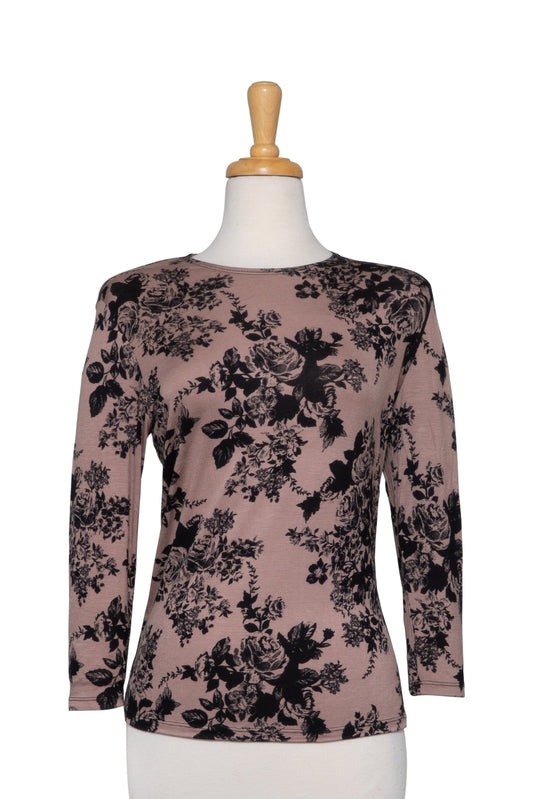 Taupe and Black Floral 3/4 Sleeve Cotton Top