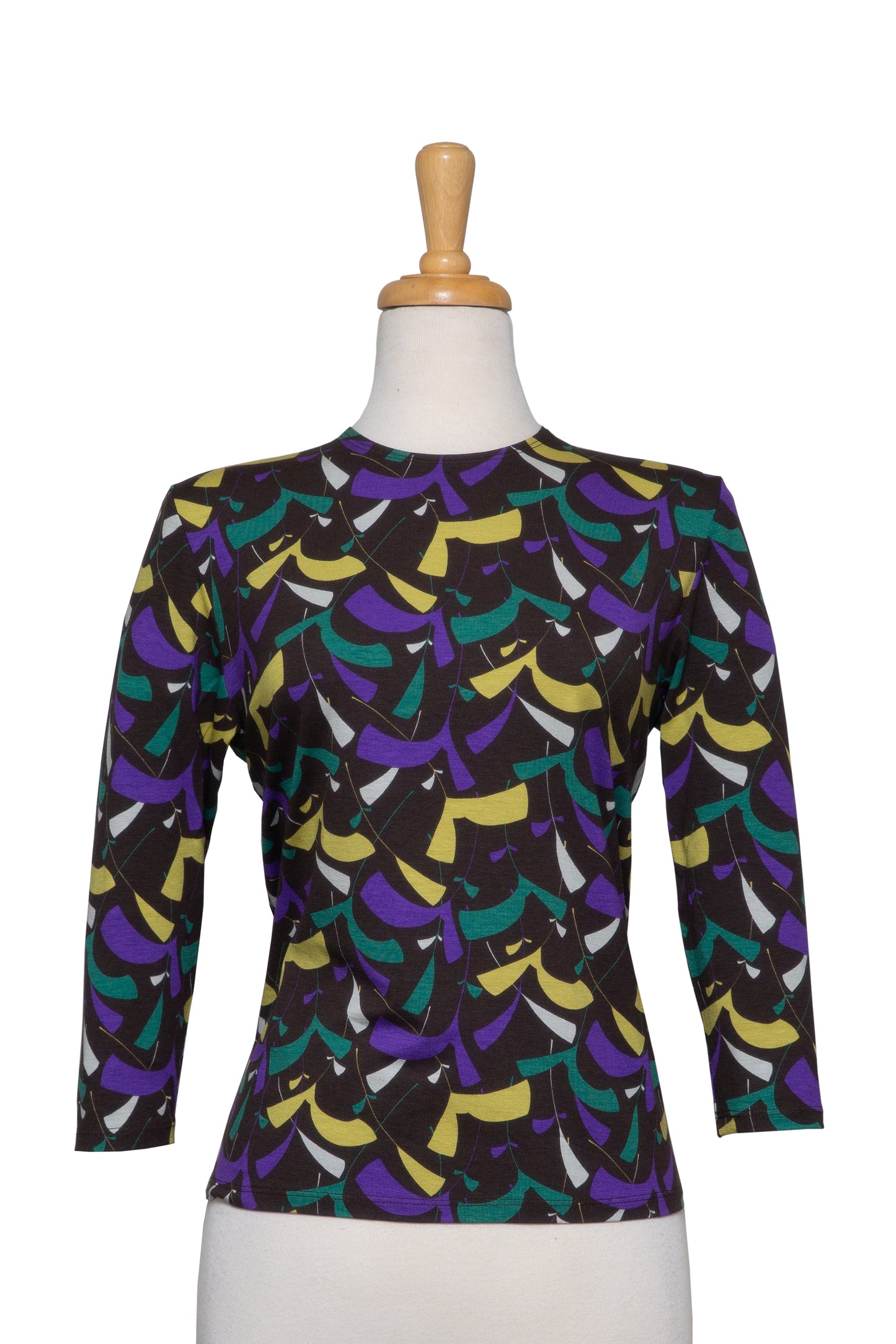Brown, Purple and Teal Abstract Pattern 3/4 Sleeve Cotton Top