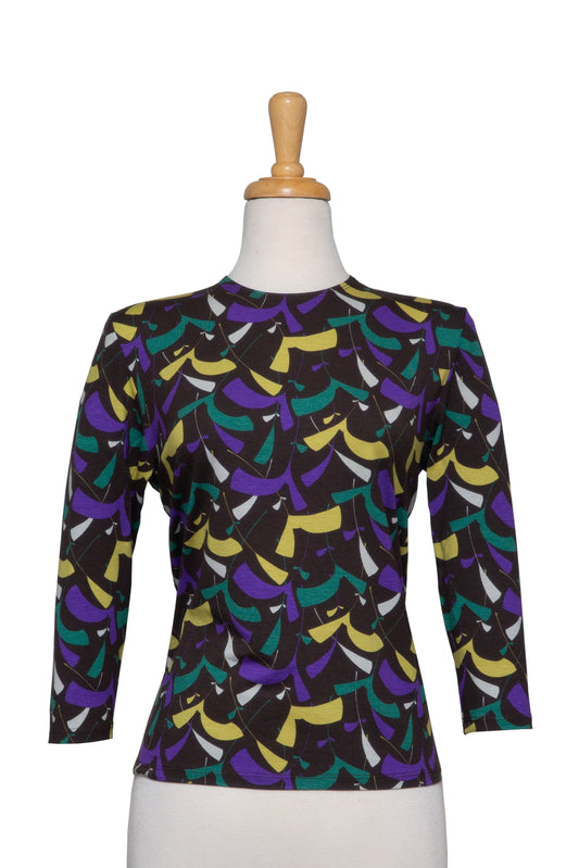 Brown, Purple and Teal Abstract Pattern 3/4 Sleeve Cotton Top