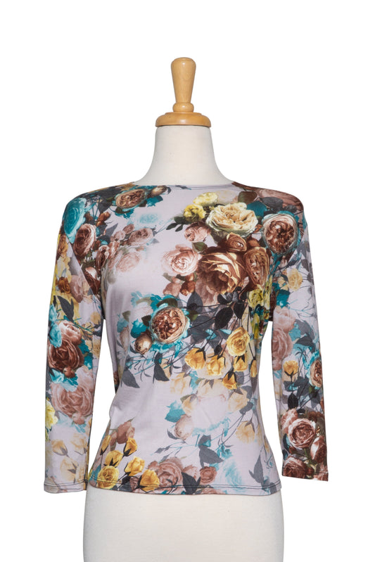 Dusty Lilac, Teal and Yellow Bouquet of Flowers 3/4 Sleeve Cotton Top