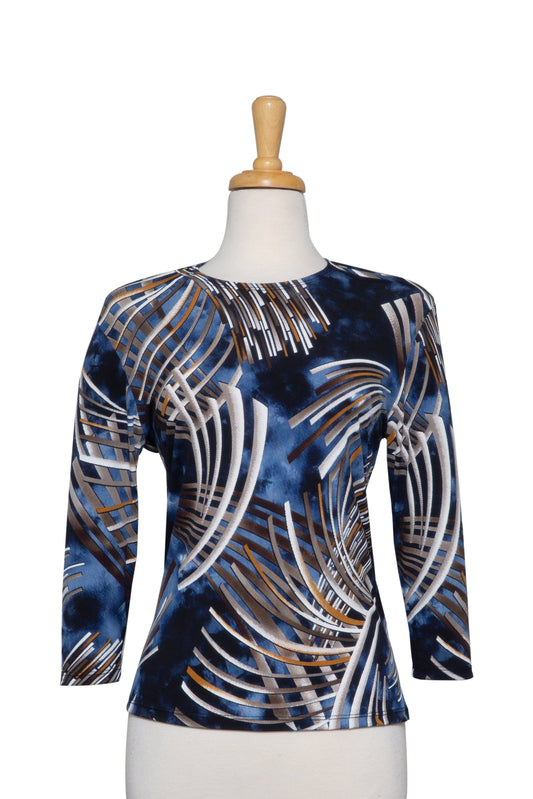 Plus Size Black, Blue and White Fireworks Display Textured Print Microfiber 3/4 Sleeve Top