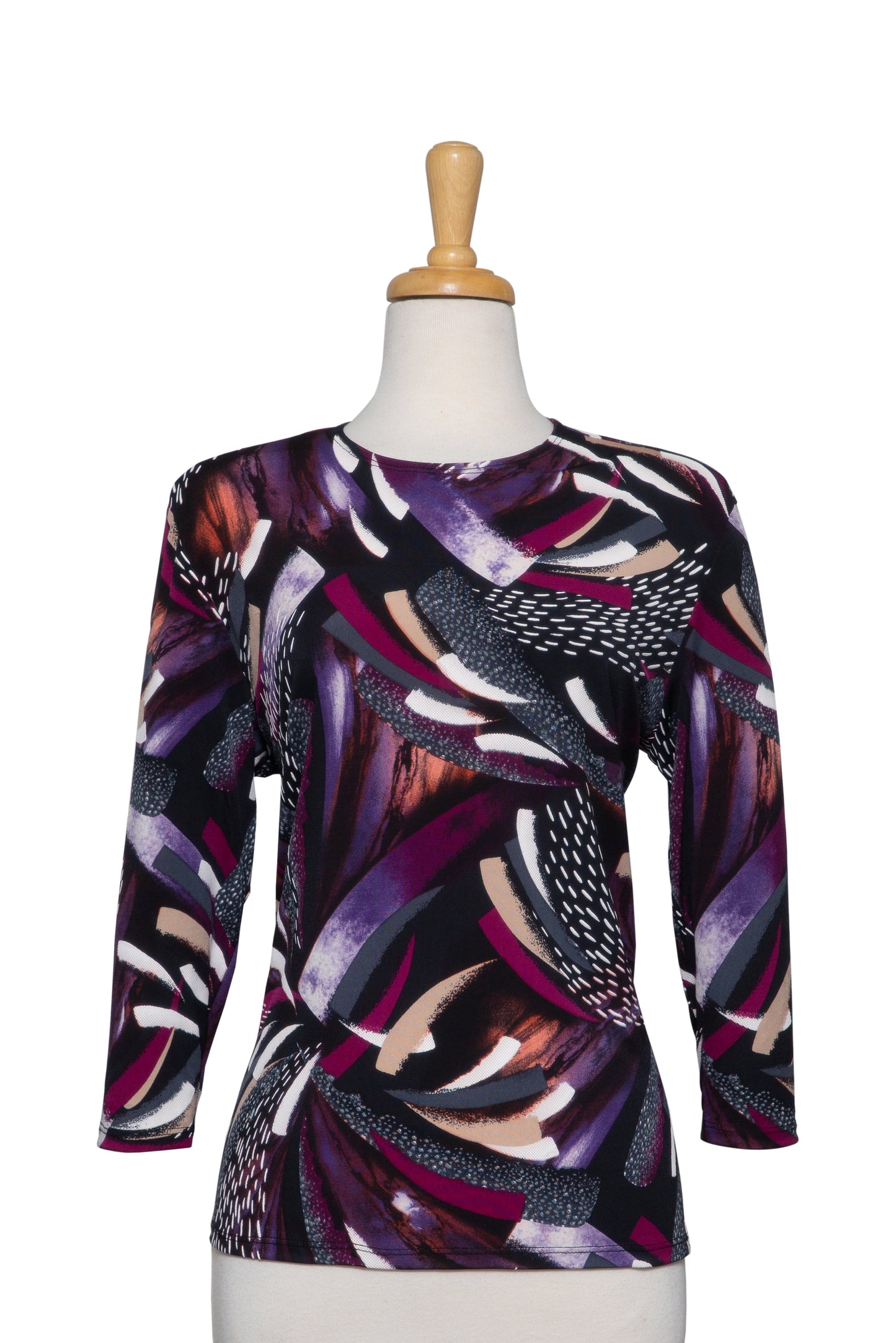 Black, Wine and Purple Abstract Brushstrokes Textured Print Microfiber 3/4 Sleeve Top