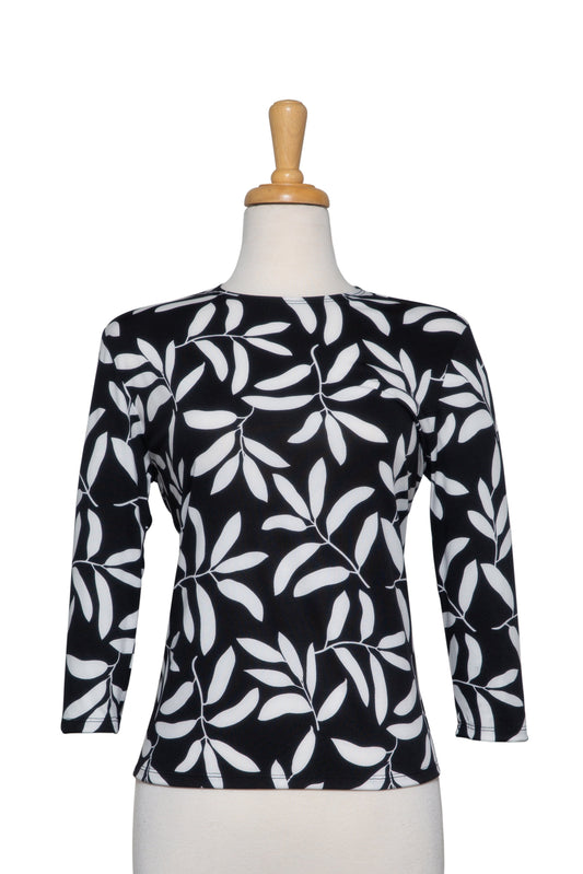 Black and White Leaves Microfiber 3/4 Sleeve Top