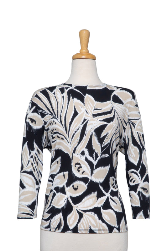 Black, White and Beige Tropical Leaves Textured Print Microfiber 3/4 Sleeve Top