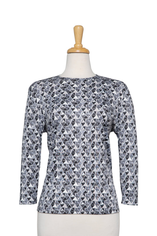 Shades of Grey and White Triangles Display Microfiber 3/4 Sleeve Top