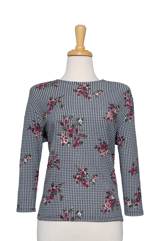 Black and White Herringbone With Floral Clusters Textured  3/4 Sleeve Top