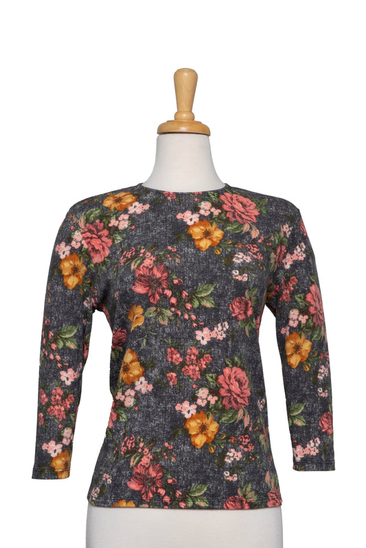 Plus Size Grey, Coral and Mustard Floral Textured 3/4 Sleeve Top
