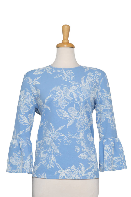 Light Blue and White Floral Textured  Bell Sleeve Top