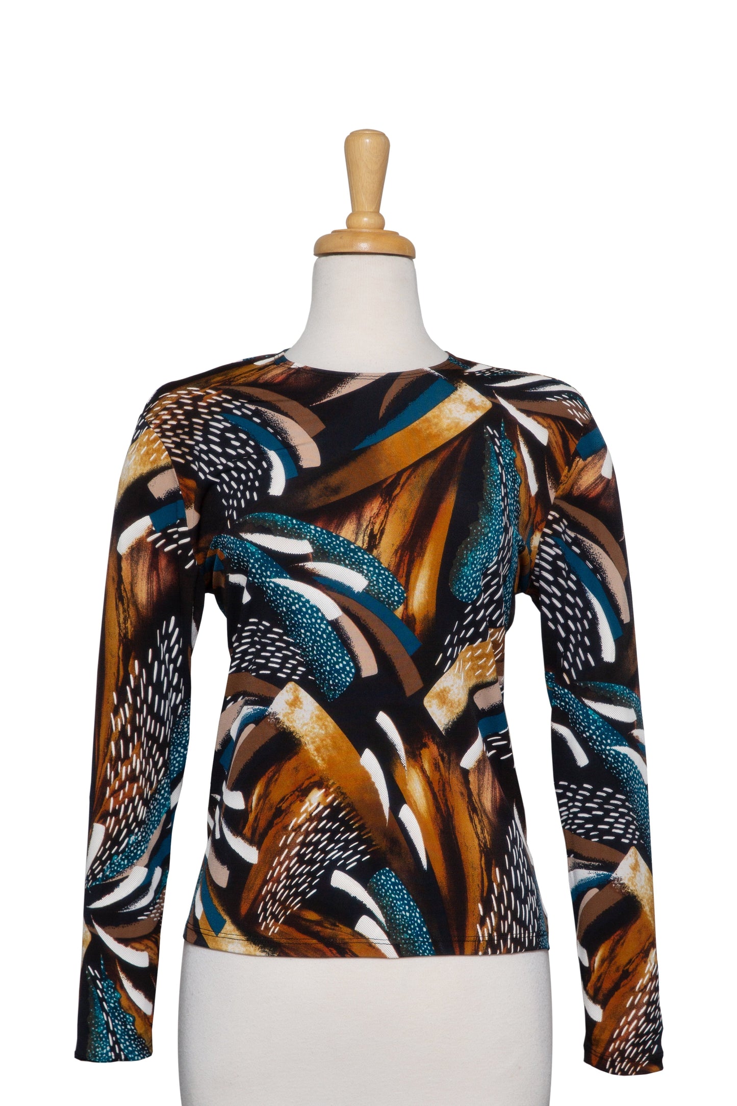 Plus Size Black, Teal and Tan Abstract Brushstrokes Textured Long Sleeve Microfiber Top