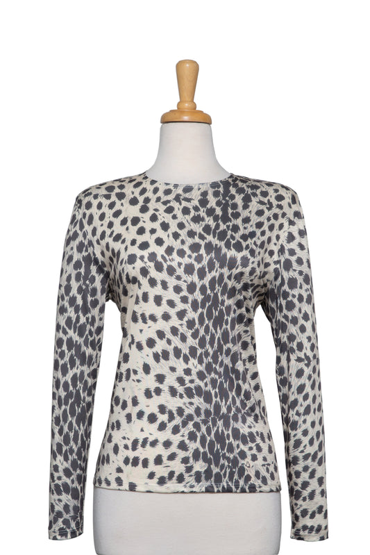 Creme and Grey Waterfall of Feathers Microfiber Long Sleeve Top