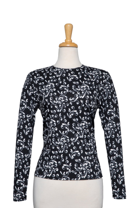 Black and White Vines Textured Microfiber Long Sleeve Top