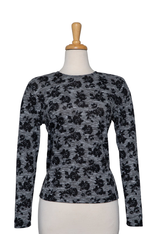 Plus Size Grey and Black Floral Long Sleeve Knit Top