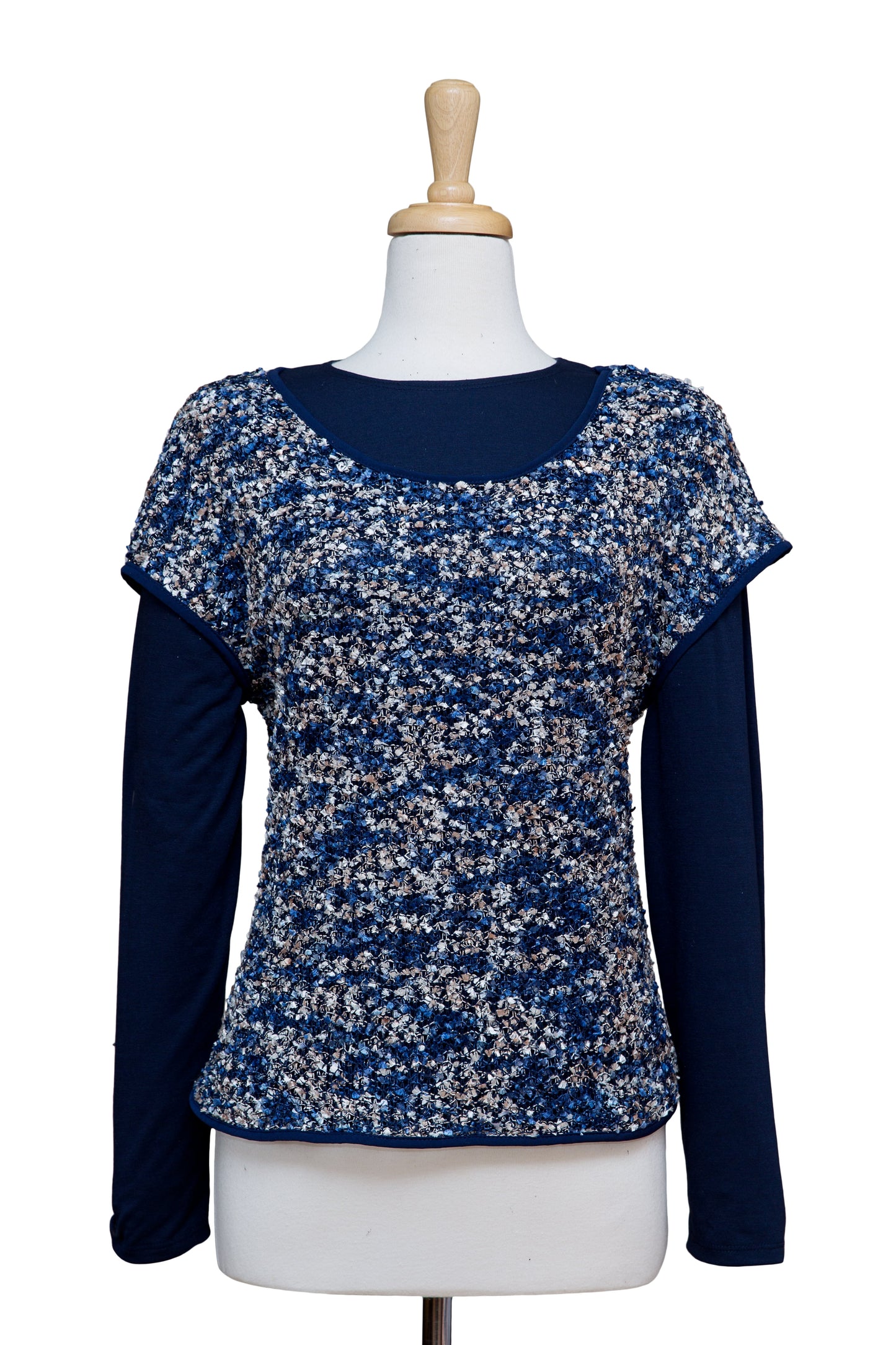 Plus Size Shades of Blue & Ivory Tweed Knit Short Sleeve Top With Navy Long Sleeve Top