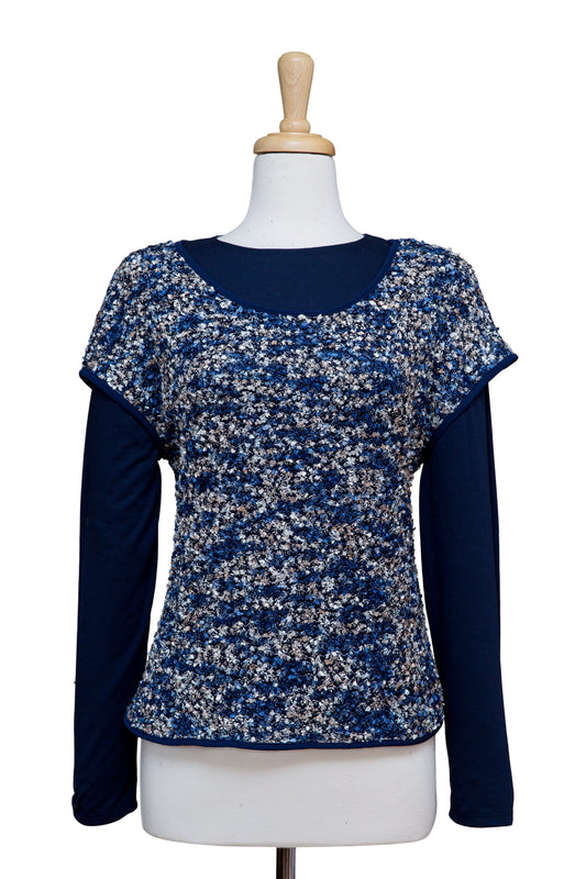 Plus Size Shades of Blue & Ivory Tweed Knit Short Sleeve Top With Navy Long Sleeve Top
