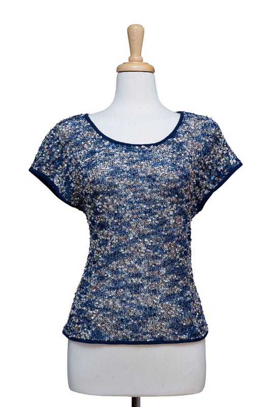 Plus Size Shades of Blue & Ivory Tweed Knit Short Sleeve Top