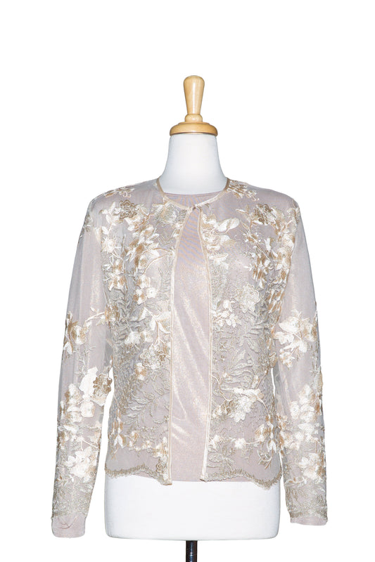 Plus Size Two Piece Gold and Peach Floral Lace with Light Gold Metallic Long Sleeve Top