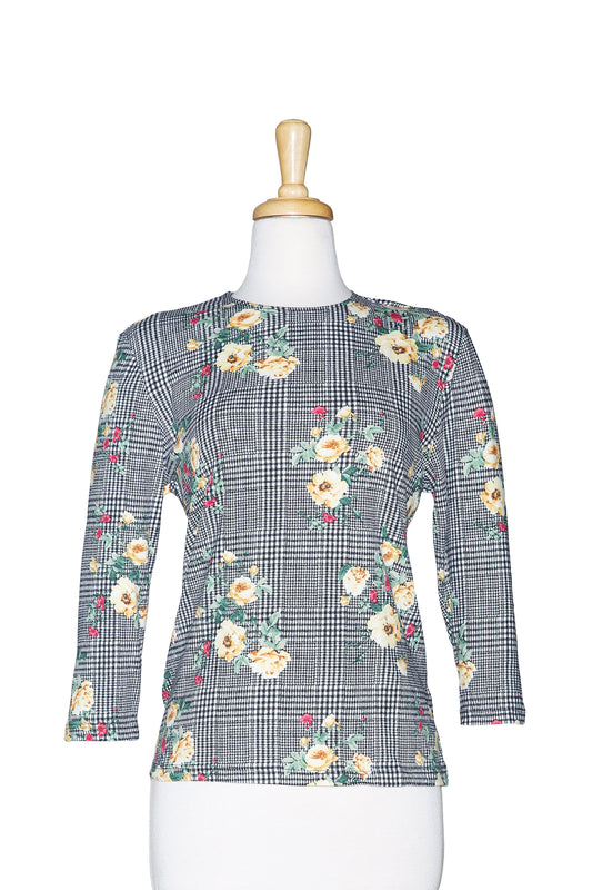 Black, and White Houndstooth with Yellow Roses  3/4 Sleeve  Cotton Top