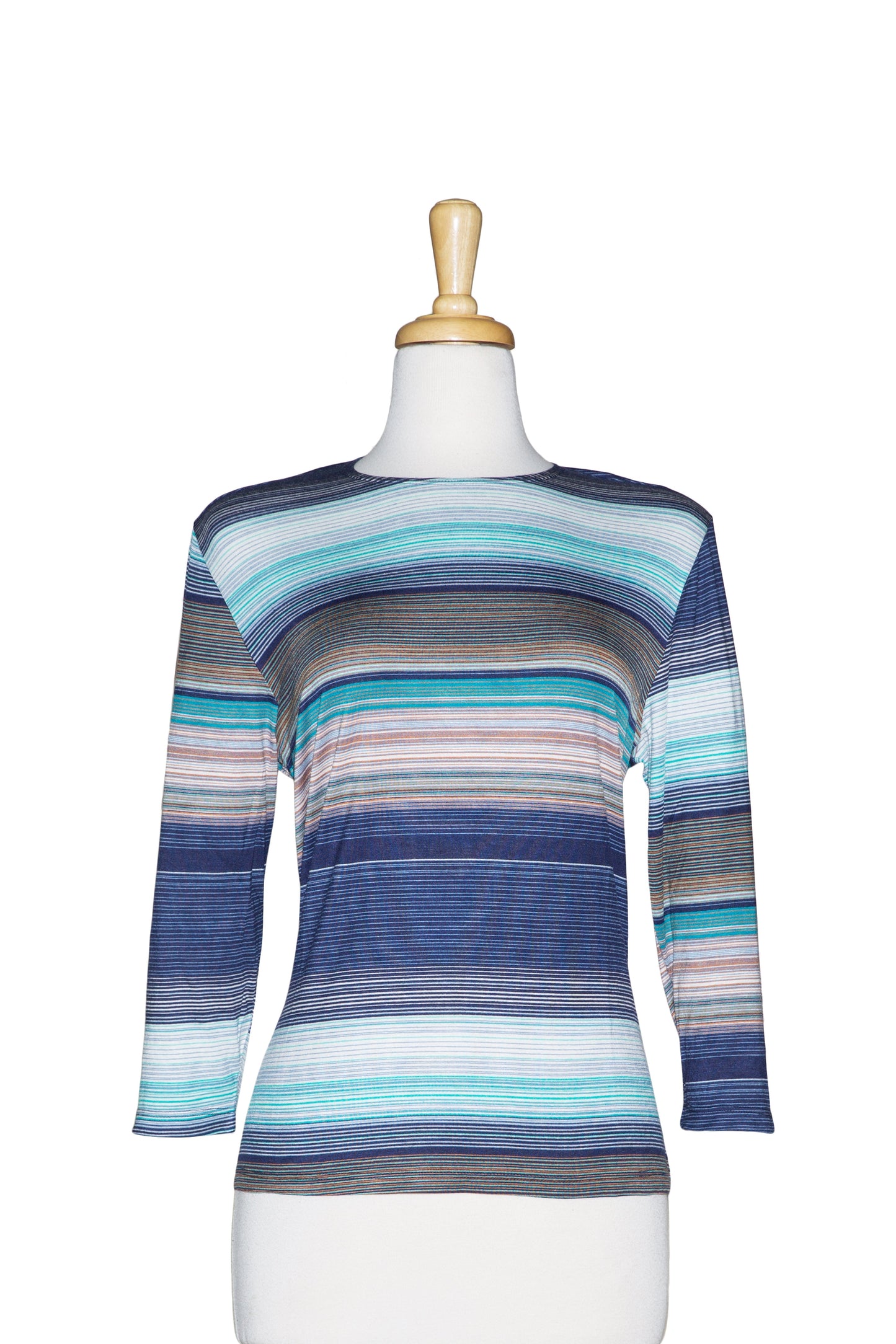 Shades of Blue and Teal Thin Stripes 3/4 Sleeve  Cotton Top