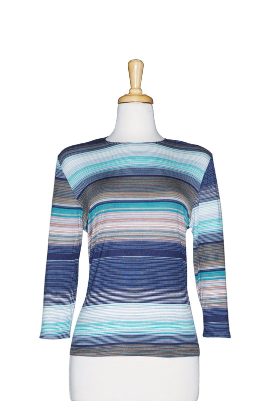 Shades of Blue and Teal Thin Stripes 3/4 Sleeve  Cotton Top