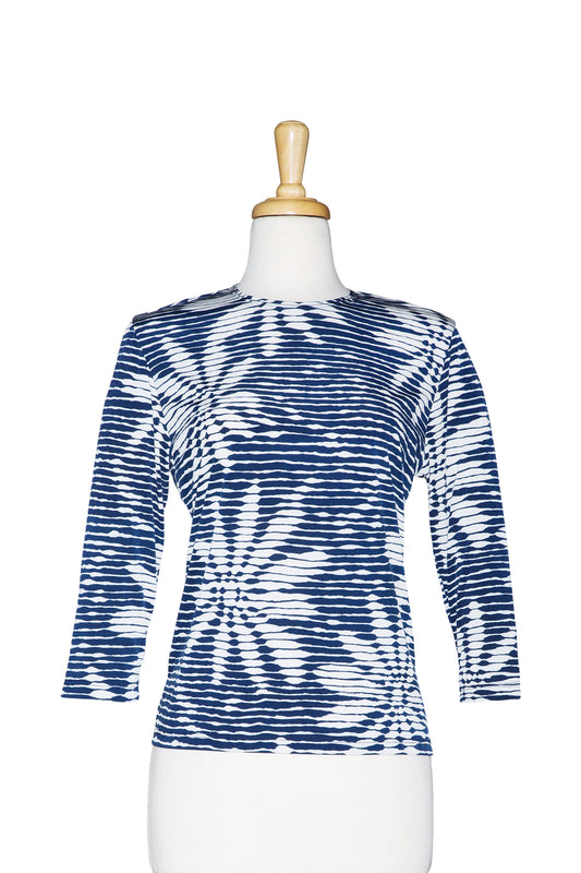 Navy and White Stripes and Floral Microfiber 3/4 Sleeve Top