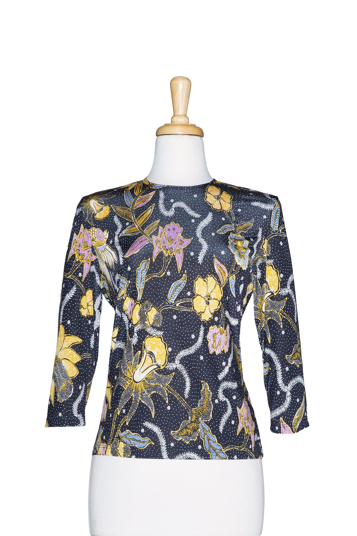 Black and White With Pastel Floral Display Microfiber 3/4 Sleeve Top
